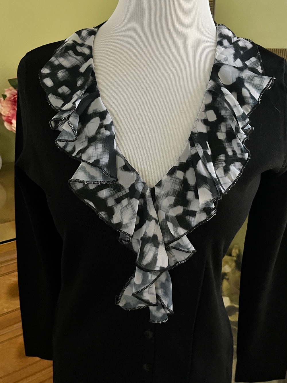 august silk Black Button-Front Cardigan with Contrasting Trim..NWOT